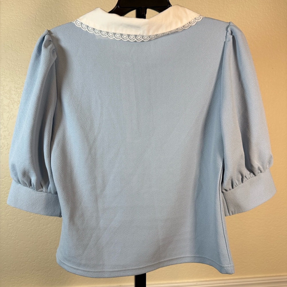 Blue Puff Sleeve Peter Pan Collar Top Shein Lace Trim Cropped Mod Preppy Blouse - Picture 11 of 12